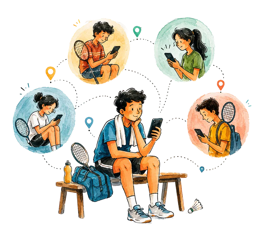 Illustration of friends finding a badminton game through OutFindr